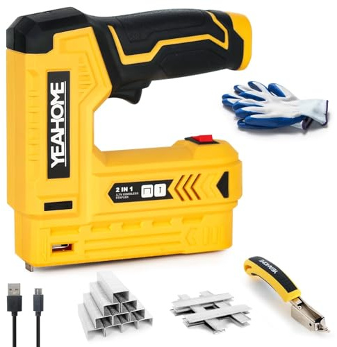 YEAHOME Electric Staple Gun, 2 in 1 Light Duty Cordless Staple Gun for Upholstery with 2000 Staples & Nails, 3.7V Brad Nailer Kit with USB Charger & Staple Remover for Wood, Carpentry, Crafts, DIY
