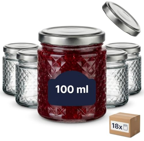gouveo 18 unidades tarros de conserva 100 ml (0,10 l) tarros pequeños redondos con diseño cristal/diamante, tapa de rosca Twist-Off plateada, con ventana para etiqueta y etiquetas (EGK150S)