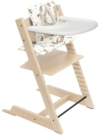 Stokke Tripp Trapp Trona 2 (Natural), Cojín 2 (Mickey Celebration) + Bandeja Stokke (Blanco) - Incluye Silla + Juego de Bebé con Arnés Extraíble para Niños de 6 a 36 Meses