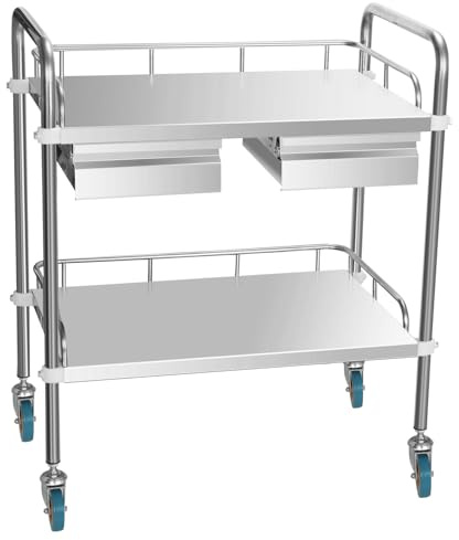 stonyLab Laborwagen, 2-Stufiger Laborwagen aus Edelstahl mit Zwei Schubladen und 2 Abschließbaren Rollen