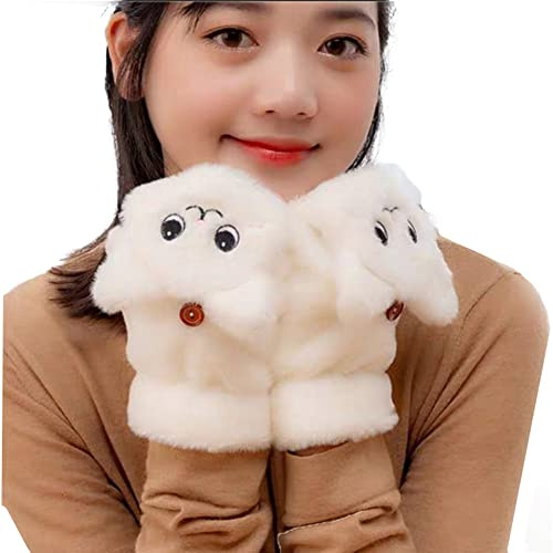 SJTJSPX Halbfinger Handschuhe Damen Plüsch Handschuhe Studentin Erwachsene Teenager Cartoon Katze Fäustlinge Winter Warme Fingerlose Flip Top Halbfingerhandschuhe Für Ski Radfahren Laufen