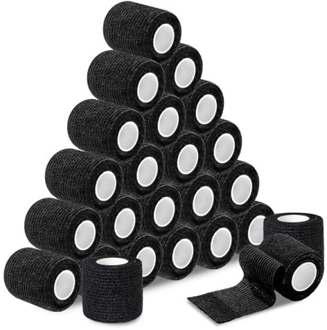 ROELLY 24 Rotoli di Benda Elastica Autoadesiva, Tape Sportivo 5cmx 4,5 m, Benda Elastica Coesiva, Bende di Primo Soccorso per Dita, Polsi, Caviglie, Utilizzabili per Persone o Piccoli Animali, Nero
