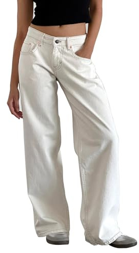 Onsoyours Jean Femme Taille Basse Coupe Droite Straight Jeans Y2K Baggy Jambes Larges Pantalon en Denim Automne Hiver Elastique Jeans B Blanc S