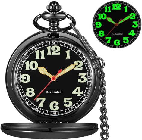 Alwesam Pocket Watch Hand Wind Mechanical Luminous Arabic Numerals with Chain&Box Best Gift(Black)