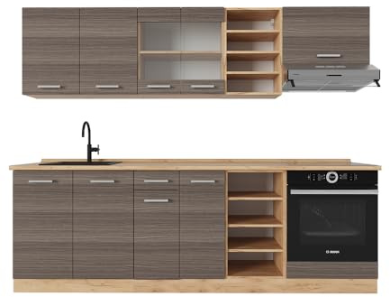 Vicco Küchenzeile R-Line, Edelgrau/Goldkraft Eiche, 240 cm, AP Eiche, zur individuellen Erweiterung durch kompatible Module