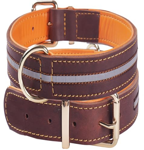 Hochbelastbares Reflektierendes Echtleder Hundehalsband, Verstellbares Weich Gepolstertes Halsband für Mittelgroße, Große und Extra Große XL-Hunderassen(Braun M)