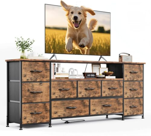 VERMESS 63 Tv Cabinet, Dresser for Bedroom with 11 Fabric Drawers, TV Stand with Power Socket for TVs up to 70, TV Units for Living Room, Bedroom, Rustic Brown