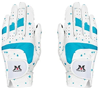 MAZEL Guantes de golf para niños para mano izquierda y derecha con poliuretano de alta calidad, tela de malla transpirable para un mejor agarre, disponible en S, M, L (estrellas azules, M)