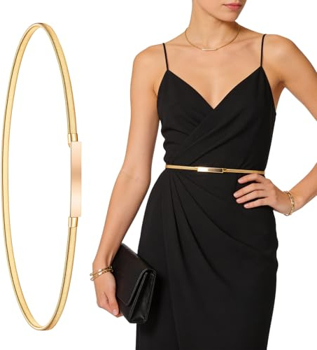 Mabor Cinturón de cintura dorado para mujer, cinturón elástico de cadena metálica fina, accesorio de cinturón de vestir ajustable