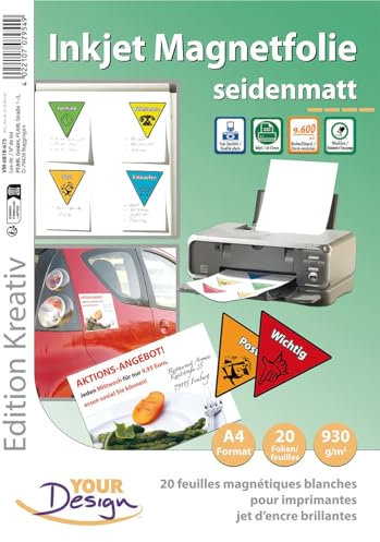 Your Design Magnetpapier bedruckbar: 20 Inkjet-Magnetfolien A4 matt/weiß (Magnetfolie bedruckbar, Magnetpapier A4, Magnetetiketten)