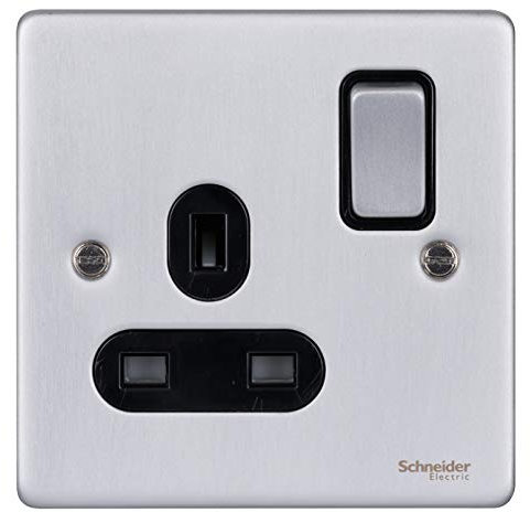 Schneider Electric Ultimate Low Profile Prise de courant à interrupteur simple 13 A GU3510BBC Chrome brossé avec insert noir