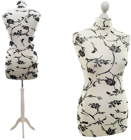 LUCCESI | Schneiderpuppe | zum Probierpreis! | Größen S - XL (Female ♀) | Torso Size: M (36-38) | Creme-Weiss/florales Muster (schwarz) | Standfuss Weiss | Damen Schaufensterpuppe