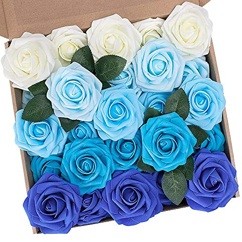 N&T NIETING Artificial Flowers Roses, 25pcs Real Touch Foam Roses, Mix Blue | Fake Flowers Rose for DIY Wedding Bridal Bouquets Baby Shower Table Centerpieces Home Decorations