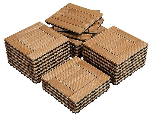 Yaheetech 27PCS Natural Wood Deck Tiles Interlocking Patio Deck Tiles Solid Wood and Plastic Indoor&Outdoor 12 x 12in