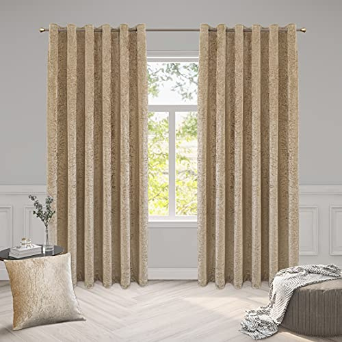 ROOEE Luxury Crushed Velvet Curtains PAIR Fully Lined Eyelet Ring Top For Bedroom, Living Room, Kitchen, Office (Champagne Gold, 46 Wide x 54 Drop)