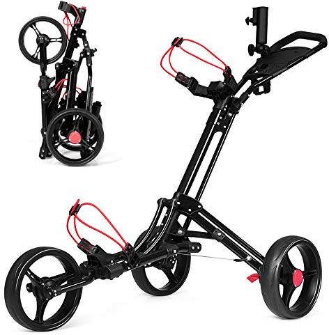 GYMAX Klappbarer Golfwagen, 3-Rad Golf Push Trolley, Golftrolley mit höhenverstellbarer Griff & Regenschirmhalter & Anzeigetafeln, Golfcaddy aus Aluminium, schwarz