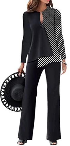 Onsoyours Donna Tailleur Pantalone Completo Patchwork Shirts A Maniche Lunghe Slim + Pantaloni con Bottone Ufficio da Abito in Due Pezzi Set per Business E Matrimoni Nero XXL
