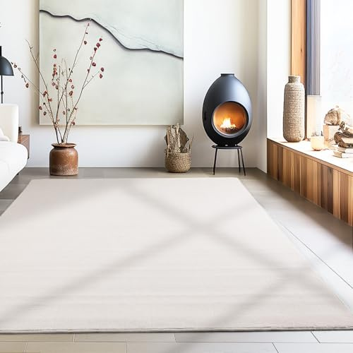 Carpetsale24 Waschbarer Teppich Kurzflor 200x290 cm Creme Modern Einfarbig Weich rutschfest Pflegeleicht Maschinenwaschbar für Wohnzimmer Schlafzimmer Esszimmer