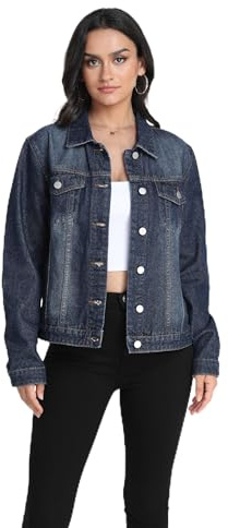 J.Corrine Chaqueta Vaquera de Mujer Chaquetas de mezclilla con botones para mujer corta de camionero elástica de manga larga con bolsillo Azul Marino M