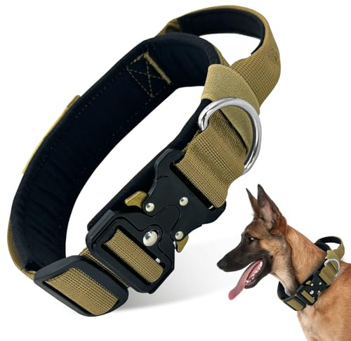 Taktiskt hundhalsband, justerbart hundhalsband med kontrollhandtag, slitstarkt metallspänne, för medelstora stora hundar utomhusjakt träning (kaki, L)