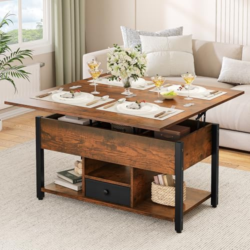 YITAHOME Lift Top Coffee Table with Drawers, 4 in 1 Multi-Function Liftable Coffee Table with Storage and Hidden Compartment, Converts to Dining Table for Living Room, Rustic Brown