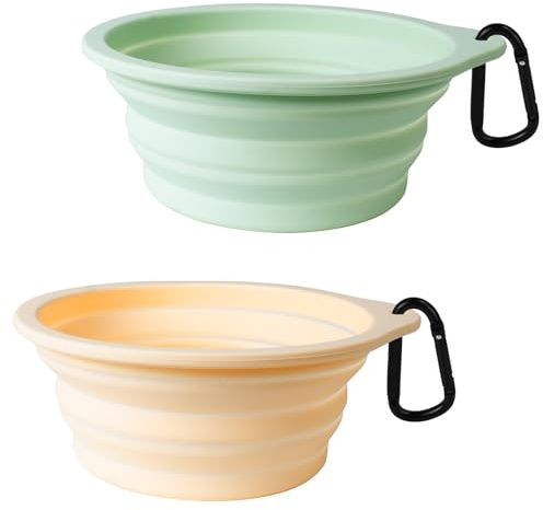 PetBonus 2-pack silikonhopfällbara hundskålar, BPA-fria, maskindiskbara, portabla hopfällbara resekoppar, mat- och vattenskålar för hundar och katter med 2 karbinhakar (ljus mint, beige cream)