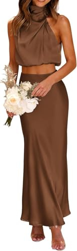 Trajes de satén de 2 Piezas para Mujer, Blusas Cortas de Cuello Falso sin Mangas de Verano y Conjuntos de Vestido de Falda Larga