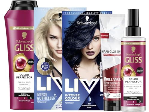 Schwarzkopf LIVE Intense Colour PROFI-SET mit Haarfarbe 90 Cosmic Blue & Aufheller Max Blonde 00B & GLISS Shampoo & Express-Repair-Spülung Colour Perfector & BRILLANCE Haar Glanz Glossing Neutral