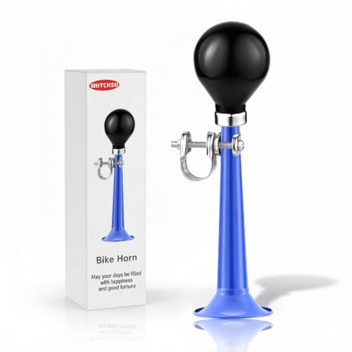 WHTCHSU Bike Horn for Adults, Classic Metal Squeeze Clown Horn, Loud Sound, Fits All Bicycle Handlebars（Blue Straight 7.87-Inch）