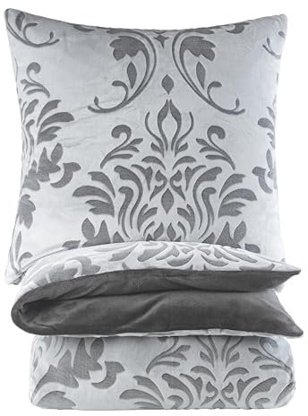 BaSaTex Kuschelige Winter Plüsch Bettwäsche Set 135x200 cm + 80x80 cm - Warme Bettgarnitur mit hochwertigem Laserdruck - Baronesse Anthrazit Grau