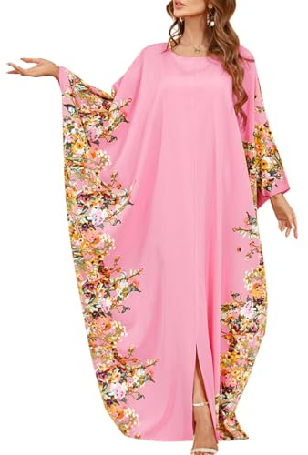 ODIZLI Kaftan Dresses for Women Dubai Ramadan Eid Abaya Dress Robe Batwing Sleeve Loose Fit Maxi Dress Beach Kaftan Caftan Muslim Clothes for Women Embroidered Ethnic Shirts Dress Pink One Size