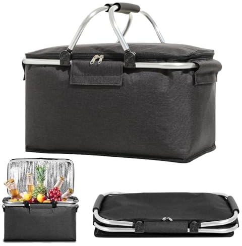 Shoppingkorg 18 l vikbar shoppingkorg, kylväska, picknickkorg, vikram av aluminiumlegering med vadderat bärhandtag och dragkedja isolering för resor/picknick/shopping