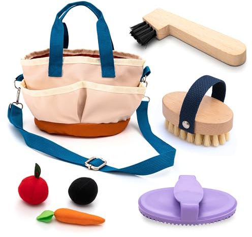 Hoofly Accesorios para caballos Hobby Horse – Set de cuidado para niños con bolsa, cepillo, cerrojo y raspador de pezuñas [certificado TÜV] – Limpiador de caballos para caballos y caballos de madera