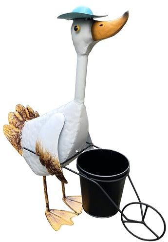 Goose with Wheelbarrow Planter Metal Flowerpot Holder for Garden Decoration Animal Garden Ornament Plant Stand White Bird Shape Planter Indoor Outdoor Versatile Display (White Goose Pot)