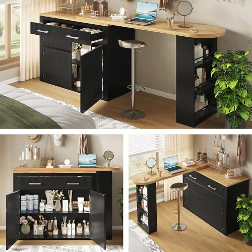 Tavolo da bar allungabile con spazio di archiviazione (137 – 215 × 39 × 102,3 cm), moderno tavolo da bar mobile, tavolo da bar telescopico con cassetto e due ripiani, tavolo da cucina, tavolo da