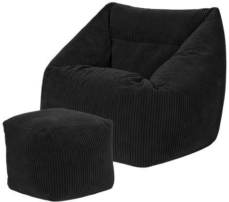 GREENSAPPIRE Large Charcoal Grey Bean Bag Chair with Footstool – Adult-Sized Sofa with Filling for Living Room & Bedroom (Black)