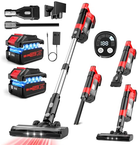 700W Cordless Vacuum Cleaner, 2×4000mAh Brushless Vacuum Cleaners for Home, 6 in 1 Lightweight Stick Vacuum 60kPa, 3 Suction, Portable Handheld Cordless Vacuum for Pet Hair/Hardwood Floor/Dorm Red