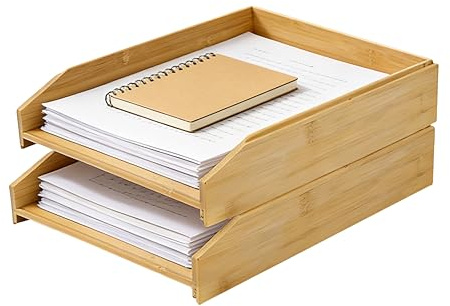 RMNKTHC 2 Bandeja de Cartas de Madera - Estantes Apilables para Revistas, Carpetas, Correo y Facturas, Organizador de Escritorio para Oficina（Natural）