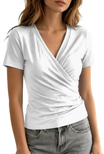 Blusa envolvente para mujer, elegante blusa con cuello en V, camiseta de negocios, ajustada, camiseta de playa, ropa de manga corta, camiseta básica, ligera, camiseta de verano, O blanco., XXL