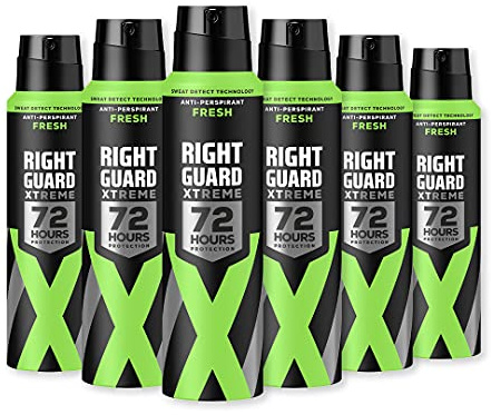 Right Guard Mens Deodorant, Xtreme Fresh 72H High-Performance Anti-Perspirant Spray, Multipack 6 x 150 ml