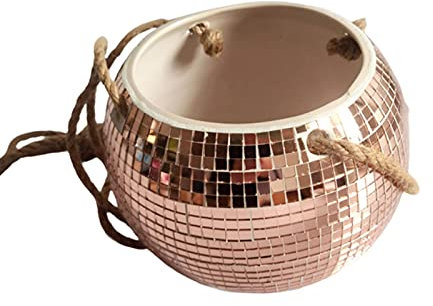 WIVAYE Spiegel-Diskokugel-Hänge-Übertopf, 17 cm, Keramik, hängende Diskokugel-Pflanzgefäß mit Ablaufloch, handbemalte Spiegelkugel Blumenkörbe mit Seil, für Innenbereich, Decke, Wanddekoration