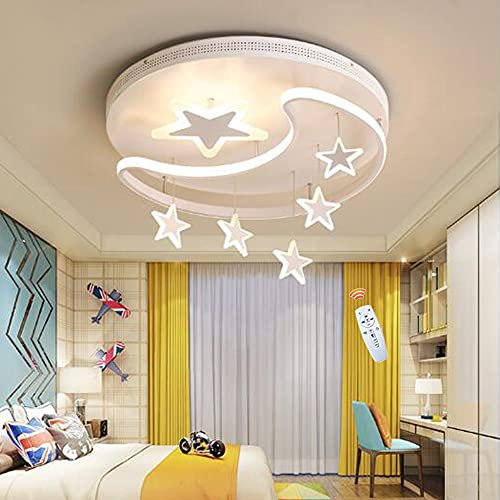 FUMIMID Kinderlampe LED Deckenleuchte Dimmbar Mit Fernbedienung Sterne Mond Hangend Deckenlampe Moderne Mädchen Jungen Schlafzimmerlampe Babyzimmer Kinderzimmer Wohnzimmer Kronleuchter,Weiß,42cm