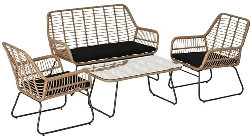 Outsunny Set Mobili da Giardino in Rattan PE da 4 Pezzi, Salotto da Esterno Stile Boho con 2 Poltrone, Divanetto e Tavolino con Ripiano