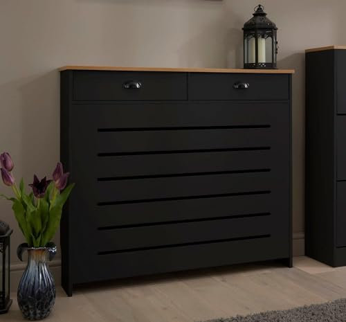 DuraTherm® Radiator Cover Black Painted MDF Cabinet Horizontal Slat Storage Drawers & Shelf, Radiator Cabinets for Office Hallway Living Room Bedroom, Medium (H: 111.5cm / W: 96cm / D: 19cm)