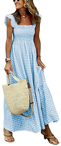 chouyatou Women's Retro Plaid Smocked Dress Spaghetti Strap Flounce Long Dress (Large, Sky Blue)