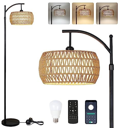 Rayofly Arc Floor Lamp for Living Room, Dimmable Floor Lamps with Remote Control, Boho Standing Lamp with Rattan & Linen Double Shades, Black Reading Tall Lamp for Bedroom Office, 9W LED Bulb Included