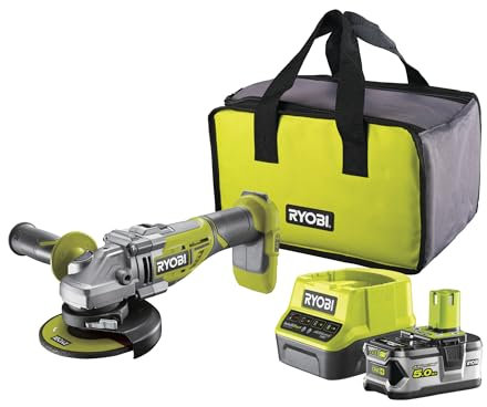 RYOBI 18 V ONE+ Brushless Akku-Winkelschleifer R18AG7-150GZL (Scheibendurchmesser 125 mm, Leerlaufdrehzahl 0-11.000 min-1, Bohrungs-Ø 22 mm, inkl. Schruppscheibe, 5,0Ah Akku & Ladegerät im Karton)