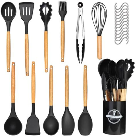 Set di utensili da cucina, 24 pezzi, antiaderenti, resistenti al calore, in silicone, spatola, utensili da cucina con manico in legno, 12 ganci a S, nero