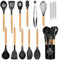 Set di utensili da cucina, 24 pezzi, antiaderenti, resistenti al calore, in silicone, spatola, utensili da cucina con manico in legno, 12 ganci a S, nero