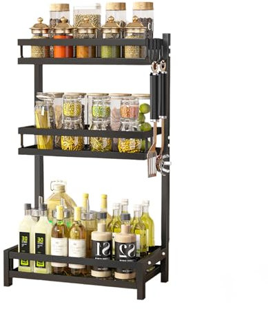 Mointal Soporte de Pie para Especia de Cocina, Estante Organizador de 3 Niveles para Almacenaje de Especias, Repisa para Condimentos Soporte para Frascos de Especias con 4 Ganchos, Negro